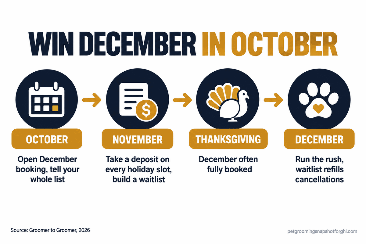 Timeline infographic, Win December in October: open booking in October, take deposits in November, December booked by Thanksgiving, run the rush in December