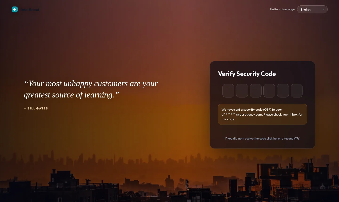 The Cinematic login design on the GoHighLevel two-factor code screen