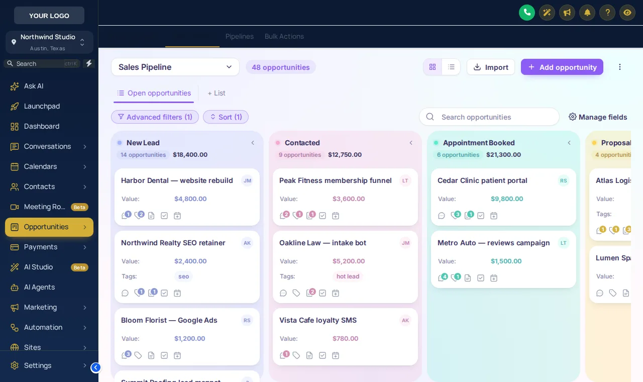 GoHighLevel opportunities board in the Candy Pastel pipeline design