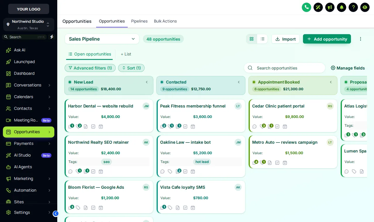 GoHighLevel opportunities board in the Emerald Calm pipeline design