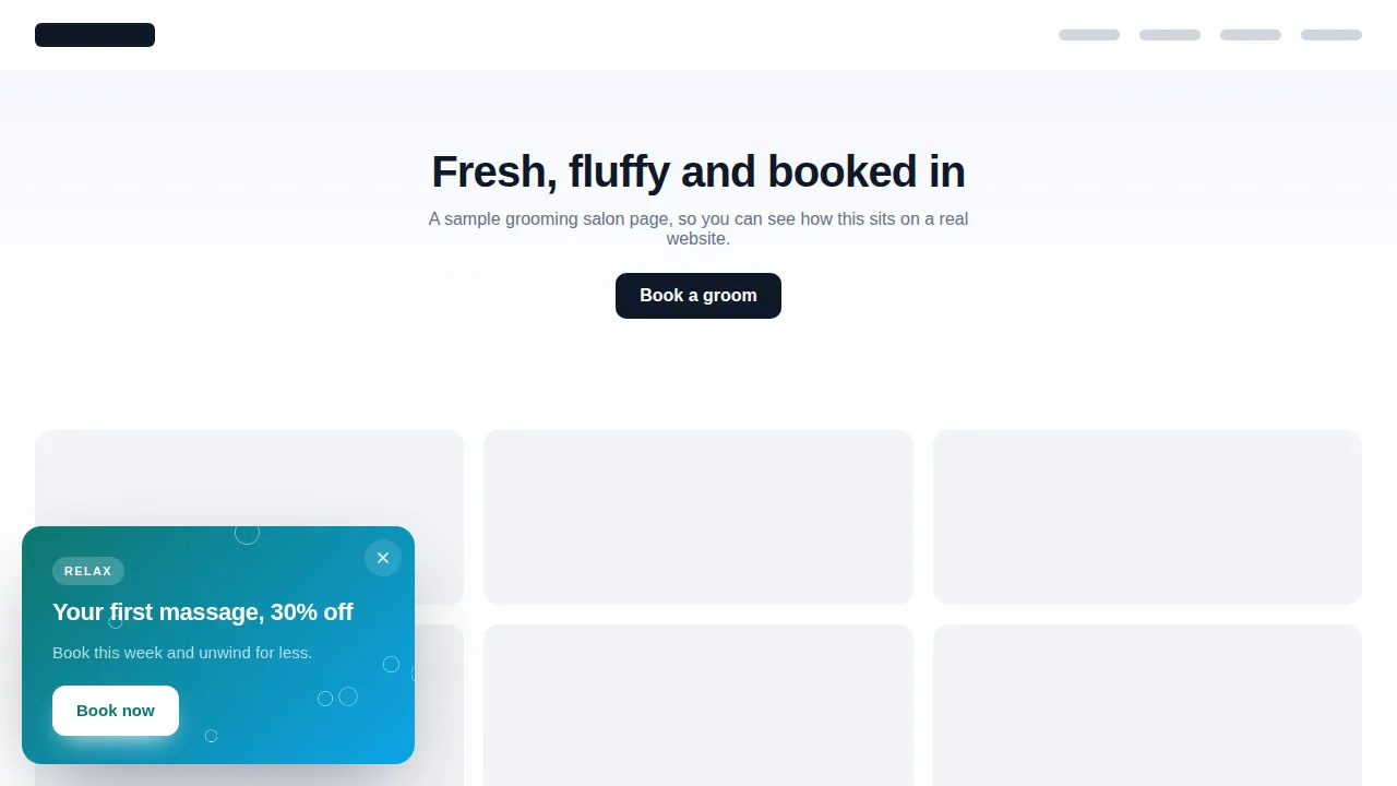 Bubbles spa popup template with floating bubbles on a sample website