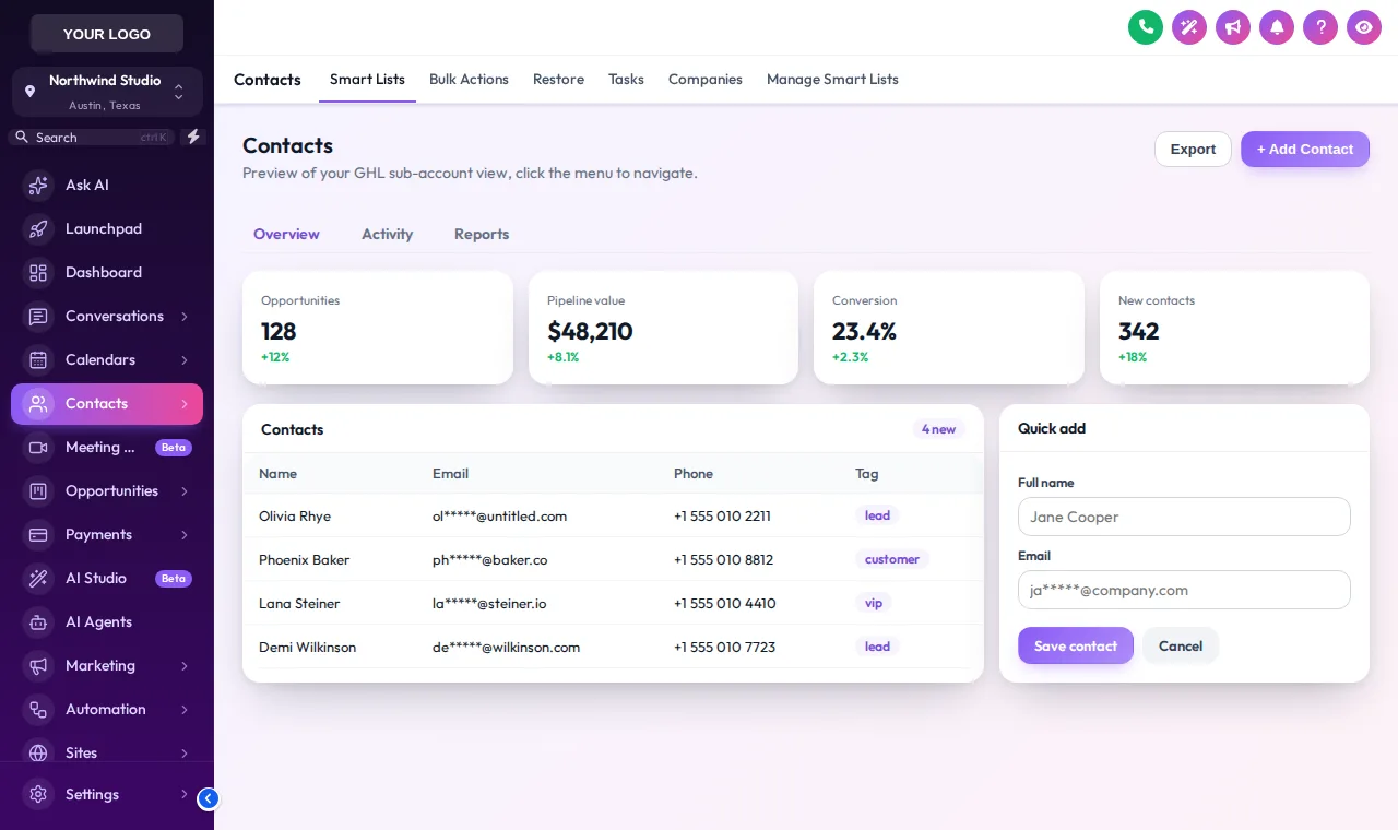 GoHighLevel contacts list in the Neon Nights theme with a violet sidebar