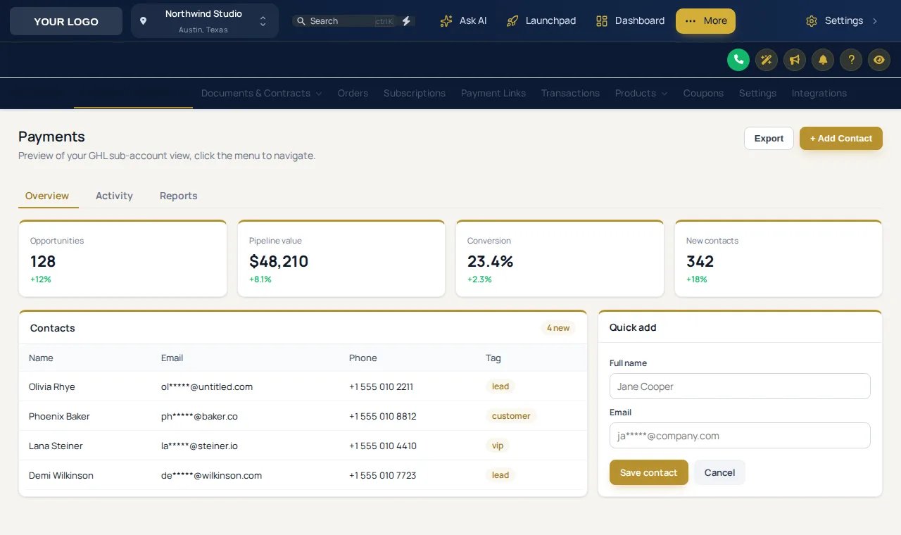 GoHighLevel with the Royal Navy and Gold theme and the menu moved to a top bar